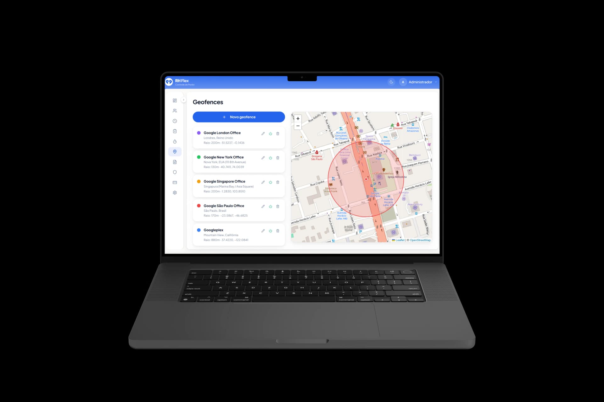 RH Flex — Geofence inteligente com mapa de localização